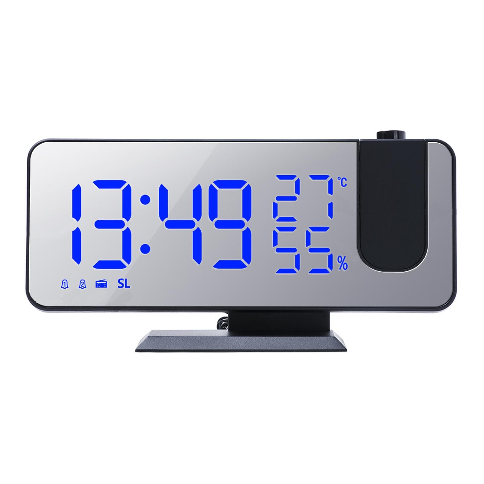 Digital Projection Alarm Clock with Mirror Surface 4-in-1 180 Degree Projector Clock Indoor Blue Fonts black
