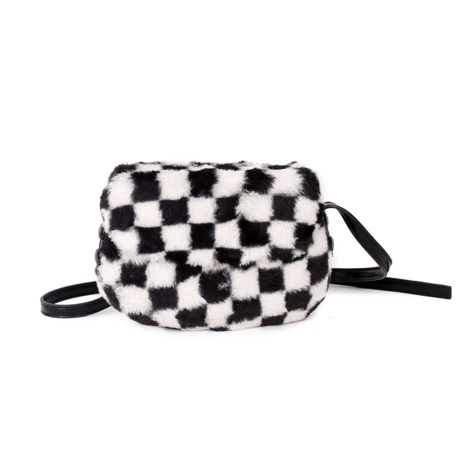 Autumn Women's Black and White Checkered Plush Saddle Bag, A Niche Design Single-shoulder Crossbody Bag for Women