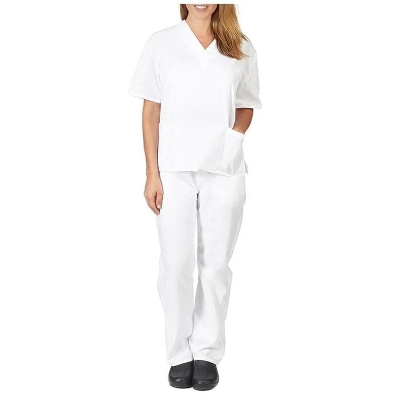 Medical Nursing Working Uniform Set for Men and Women Short Sleeve V-neck Solid Color Tops+Pants Scrub Suit XL white