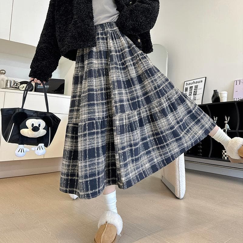 Red Plaid Skirt for Women In Autumn and Winter New Elastic High Waist Slimming Puffy Pleated Long Skirt Mid-length XL