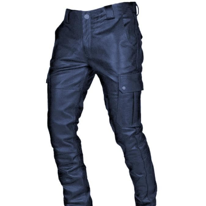 Casual Men's Leather Pants With Adjustable Straps Stylish Comfortable Fit Perfect For Everyday Wear Fashionable Leather Trousers For Men S navy blue