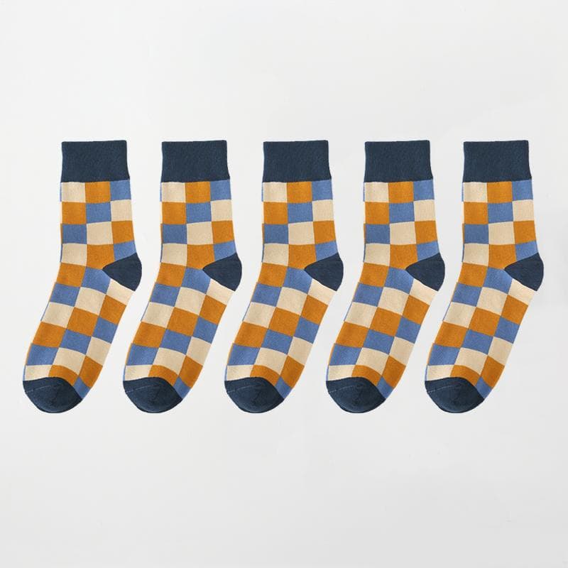 5Pair-pack New Men's Socks Colorful Grid Sock Casual Business High Quality Happy Combed Cotton Socks Fashion Gentleman Socks Men EUR38-45 navy blue