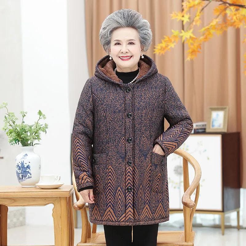 Plus Velvet Thick Cotton Jacket for Elderly Winter Women's Mid-Length Jacket Cotton Lined Corduroy Hooded Warm Quilted Jacket XXL