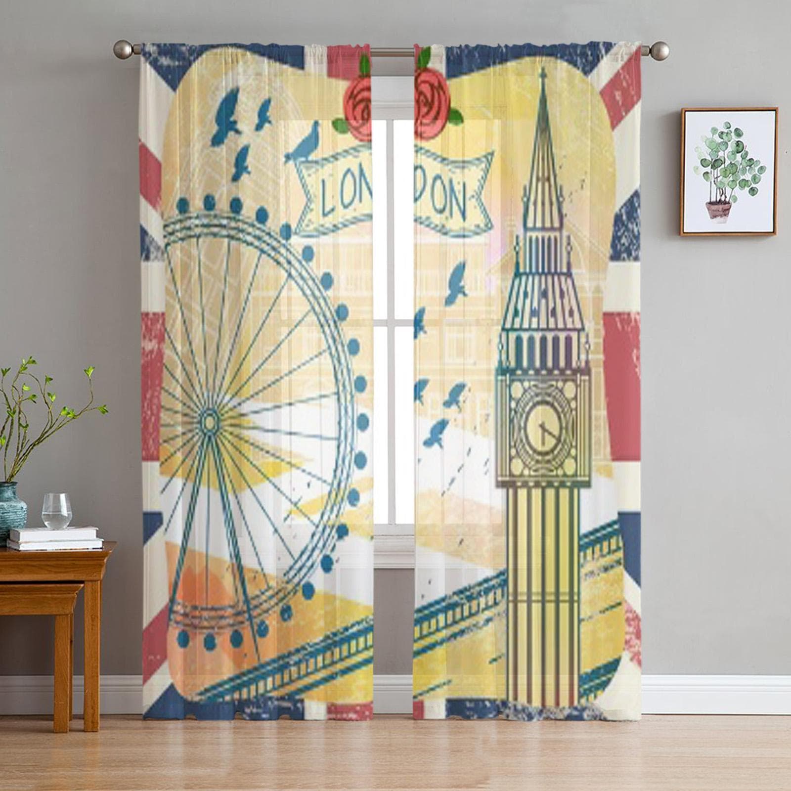 Romantic United Kingdom Travel Chiffon Sheer Curtains for Living Room Bedroom Kitchen Decoration Window Voiles Tulle Curtain 135W x 114H(cm)