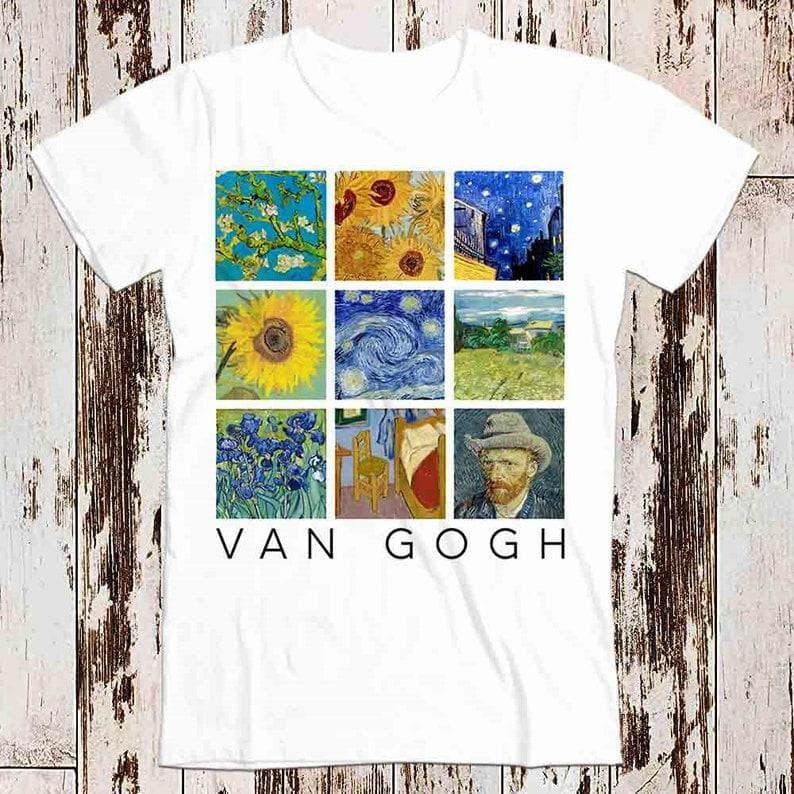 230 Gsm 100% Cotton Van Gogh Painting Collage With Starry Night And Sunflowers Limited Edition Style Design Top Art Retro Tee Best Seller T Shirt 8999 3XL white