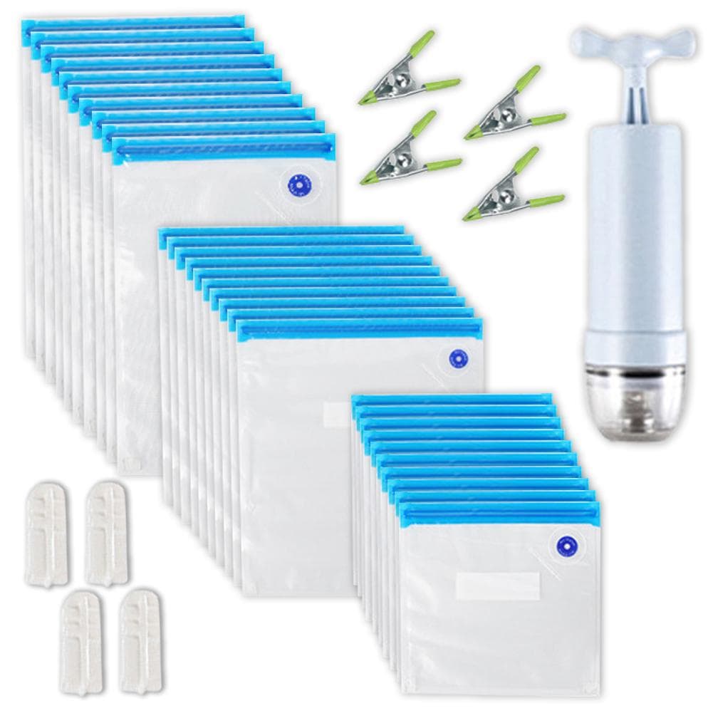 35PCS Vacuum Food Storage Bag Reusable Vacuum Sealer Bags 3 Sizes with 1 Hand Pump 4 Cooking Clips transparent