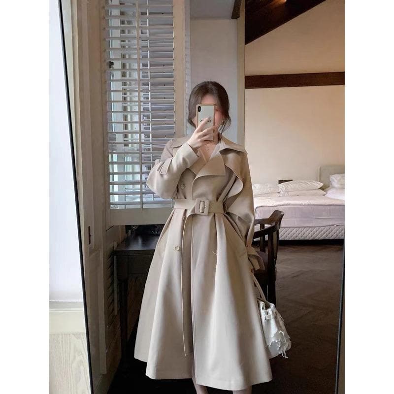 Khaki Trench Coat Women's Mid-length Simple Spring and Autumn New Korean Style British Style Coat L