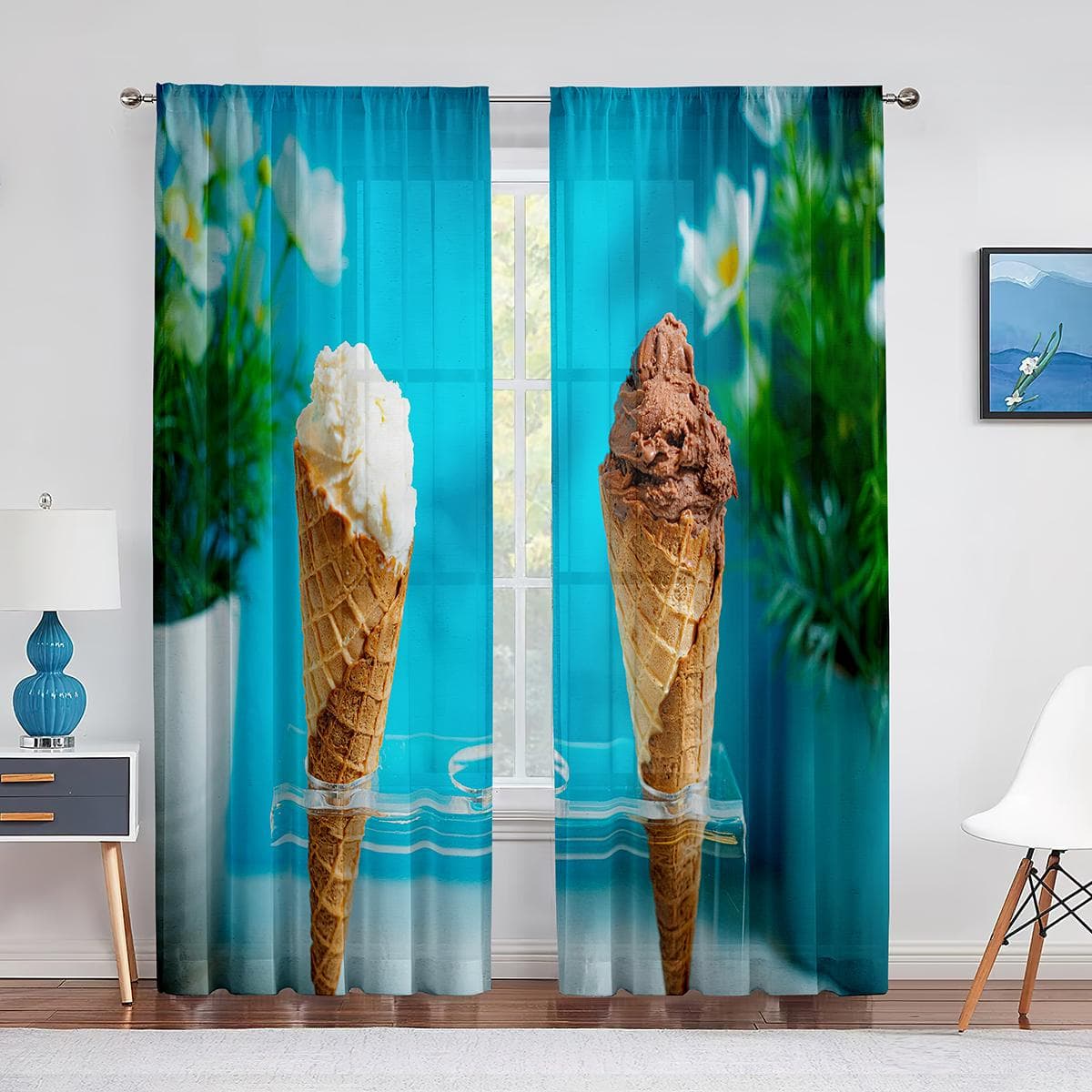 Ice Cream Summer Theme Chocolate and Fruity Flavor Tulle Window Curtains for Living Room Bedroom Decorative Sheer Voile Curtain 1 PCS W150XH250cm&Grommet Top