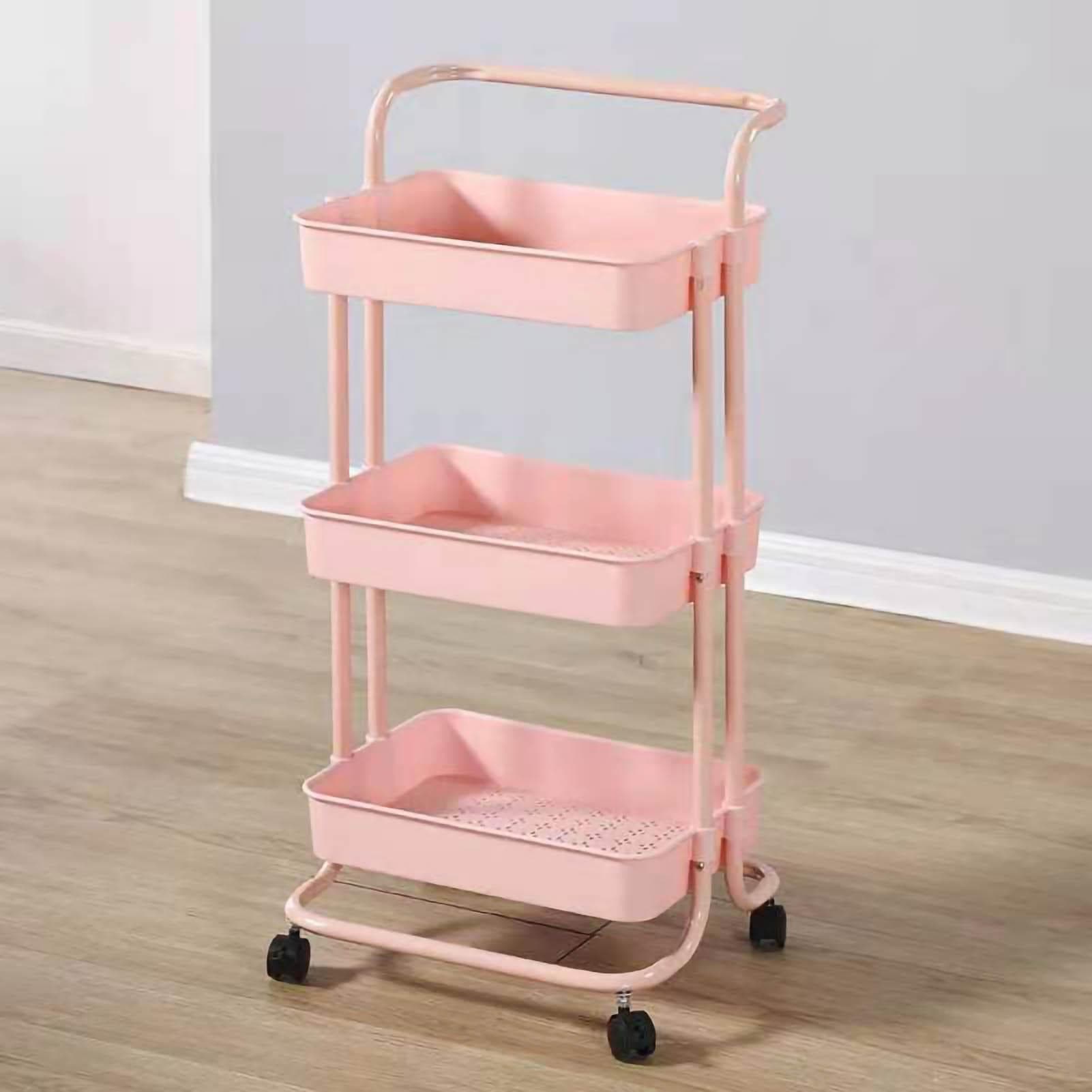 Heavy Duty 3 Tier Utility Rolling Cart Stylish Multifunctional Storage Organizer for Kitchen pink