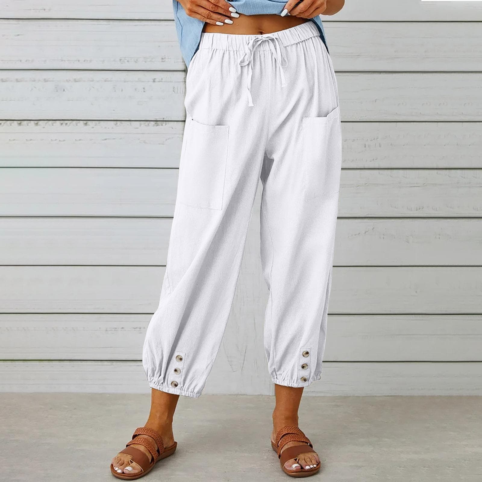 Summer Women's Pants Loose High Waist Button Cotton Linen Pants Nine-point Pants Wide Leg Pants XXXL white
