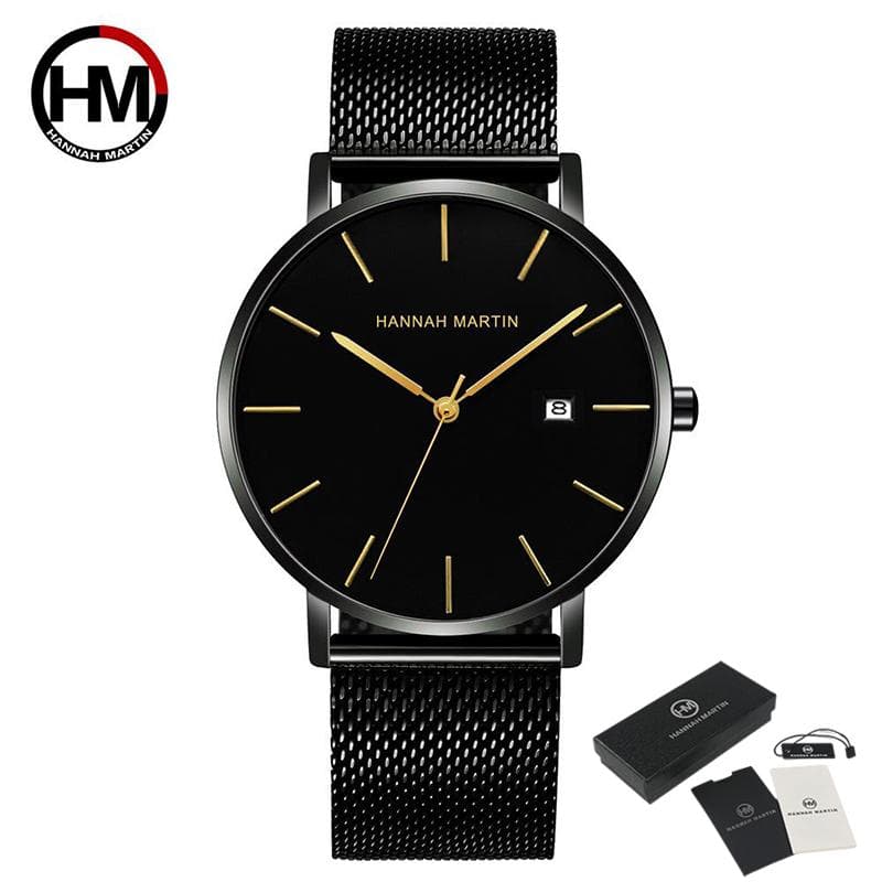 Hannah Martin Fashion Men's Watch Brand Luxury Male Quartz Watches Minimalist Casual Leather Strap Digital Calendar Wristwatch Men Clock gold/black
