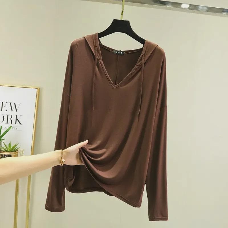 Women's Modal Cotton Hooded V-Neck Long-Sleeve Loose Pullover Top, Plus Size, Solid Color, Suitable for Spring and Summer. XXL