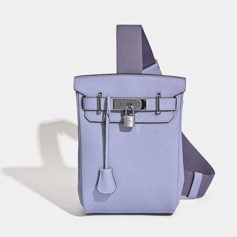 2025 New Unisex Top Layer Cowhide Chest Bag Shoulder Bag Genuine Leather Backpack With Lock Hanging Decoration 17 x 8 x 27CM+silver buckle purple