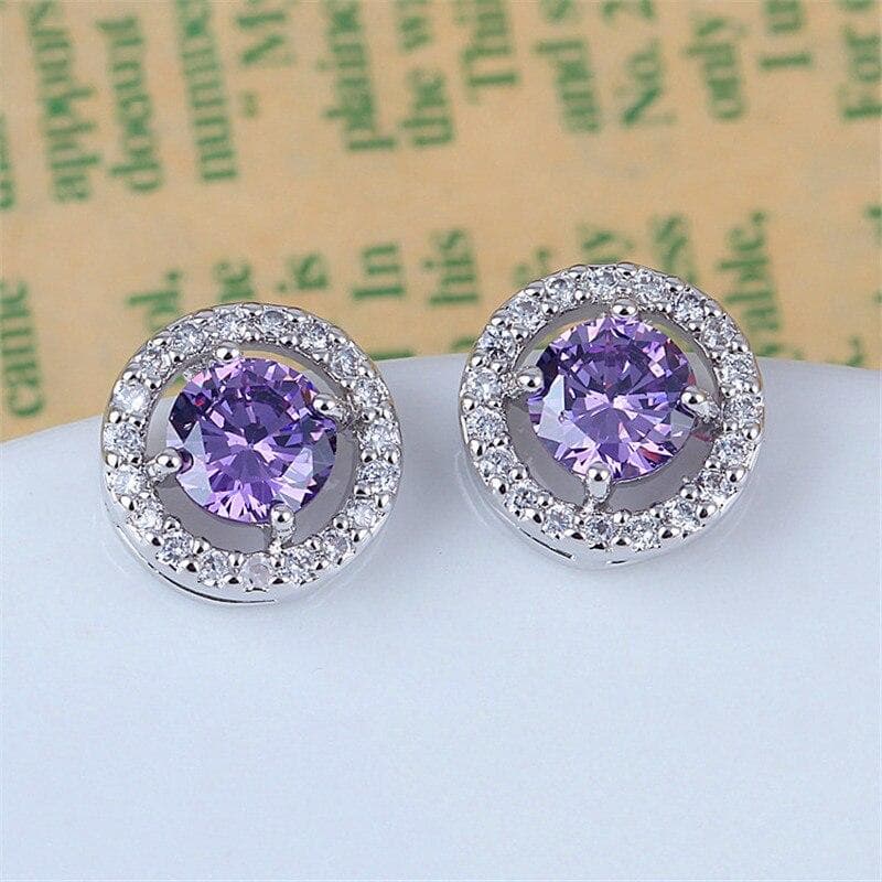 Female Luxury White Stone Stud Earrings Dainty Rose Gold Silver Color Round Earrings Vintage Wedding Earrings for Women purple