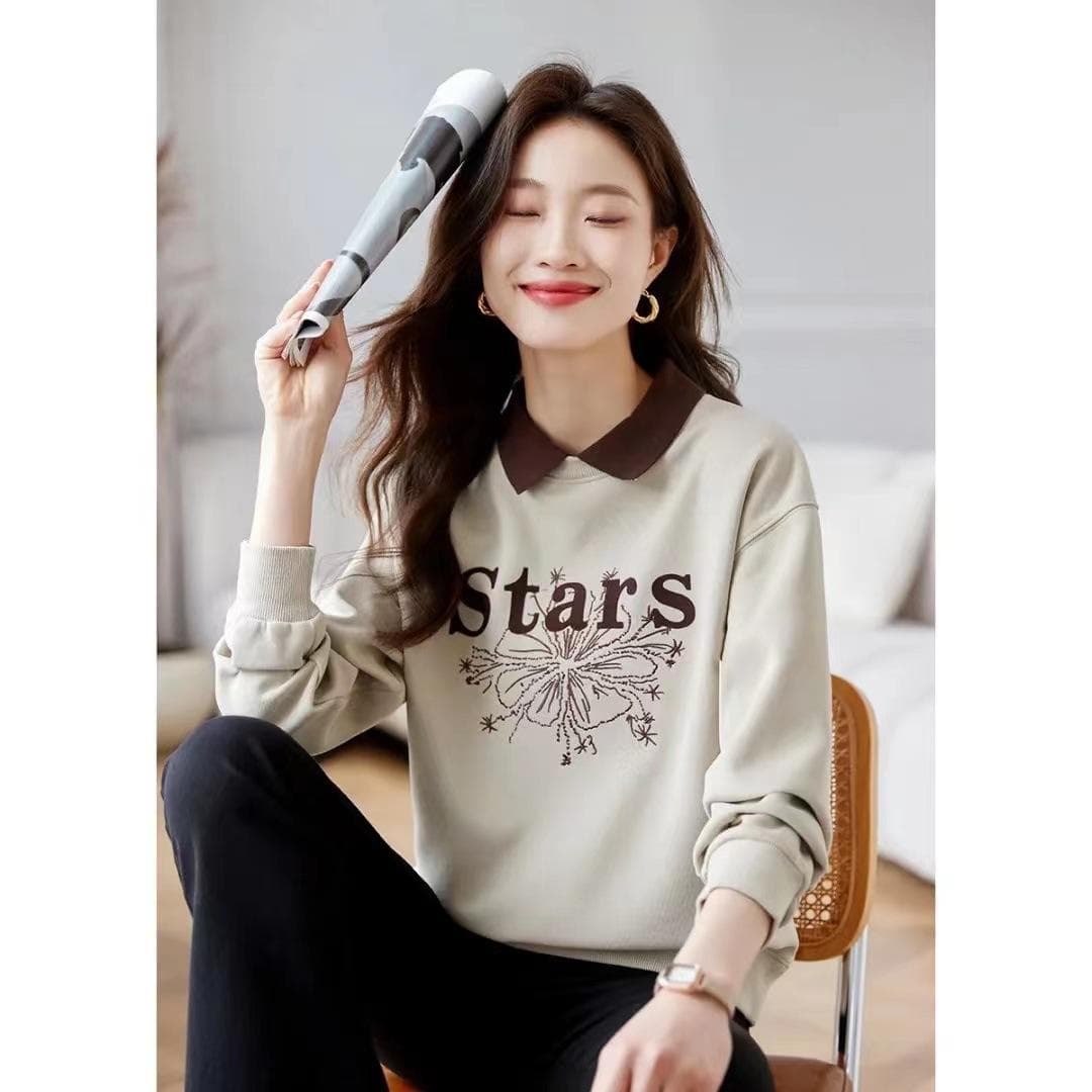 Fake Two-piece Autumn Women's New Lapel Letter Printed Long-sleeved Bottoming Sweatshirt Top 2XL
