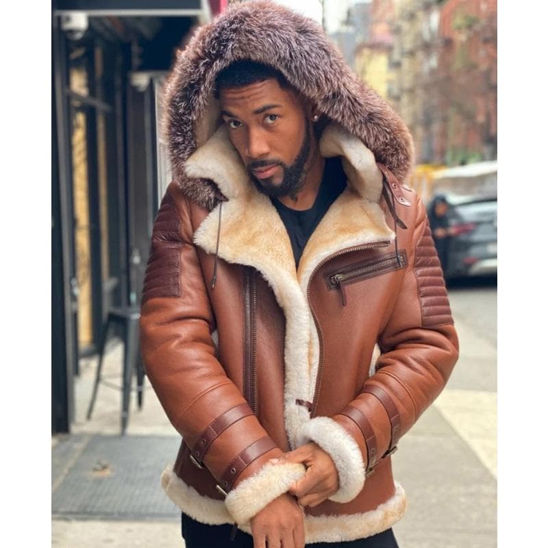Brown Large Fur Collar Hooded Velvet Thickened Men's Leather Jacket M brown