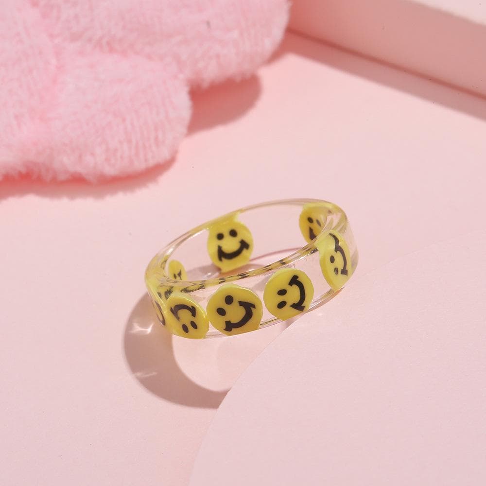 Resin Charms Small Kids Ring Colorful Smile Face Printed Circle Ring Women's Wedding Party Jewelry Anillos Gift For Friends