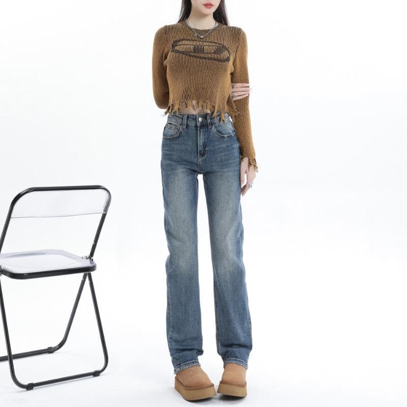 Straight Jeans Women's Spring and Autumn American High-waisted Pipe Pants Women's Spring and Autumn High-elastic Jeans XXL