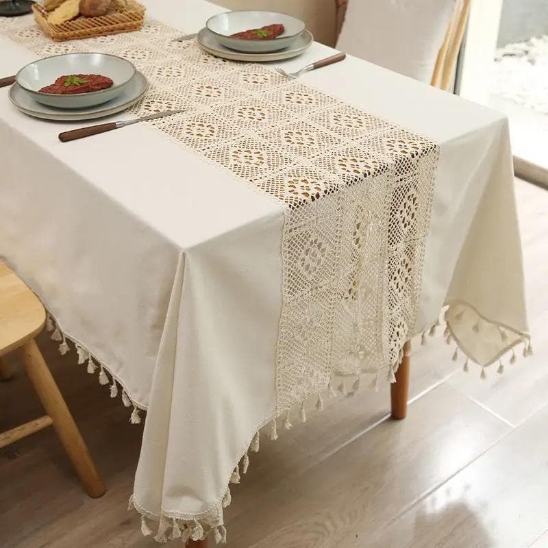 Cotton Linen Lace Patchwork Tablecloth French Hollow Crochet Plaid Tea Table Cloth Tassel Decorative Green Tabletop Cover 100x140cm 1pcs