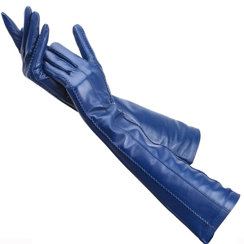 High Quality Ladies color Lambskin Leather Gloves length 47cm Winter Warm Fashion long gloves 8 blue