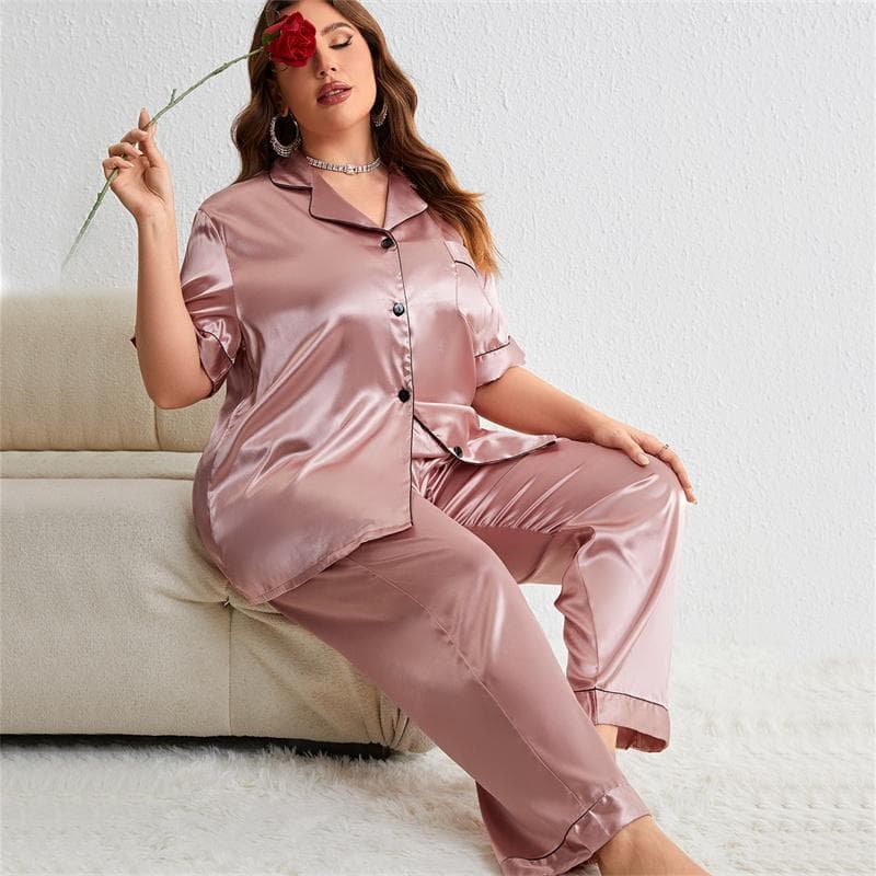 Summer Women's Silk Pajamas Set Personalized Satin Casual Thin Loose Tops Trousers Home Wear 4XL pink