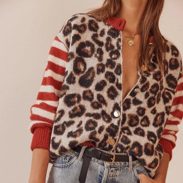Women Round Neck Retro Sweater Winter New Casual Versatile Leopard Brush Hair Color Collision Cardigan Tops XL red