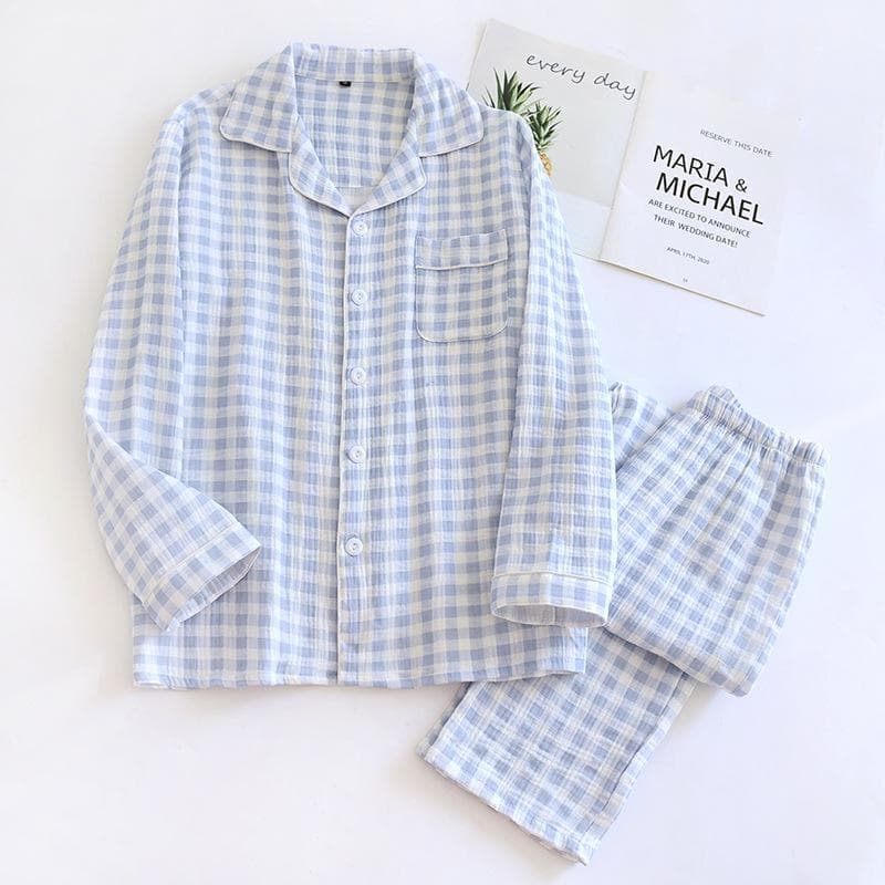New Spring Couple Pajamas Set 100% Cotton Long-sleeved Trousers Two-piece Plaid Men's and Women's Home Clothes L