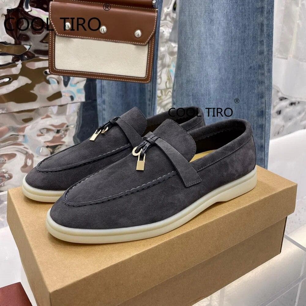 Woman Flat Shoes Slip On Women Loafers Leather Metal Lock Blue Suede Moccasins Mules Casual Driving Shoe Summer Walk Shoes Femme 39