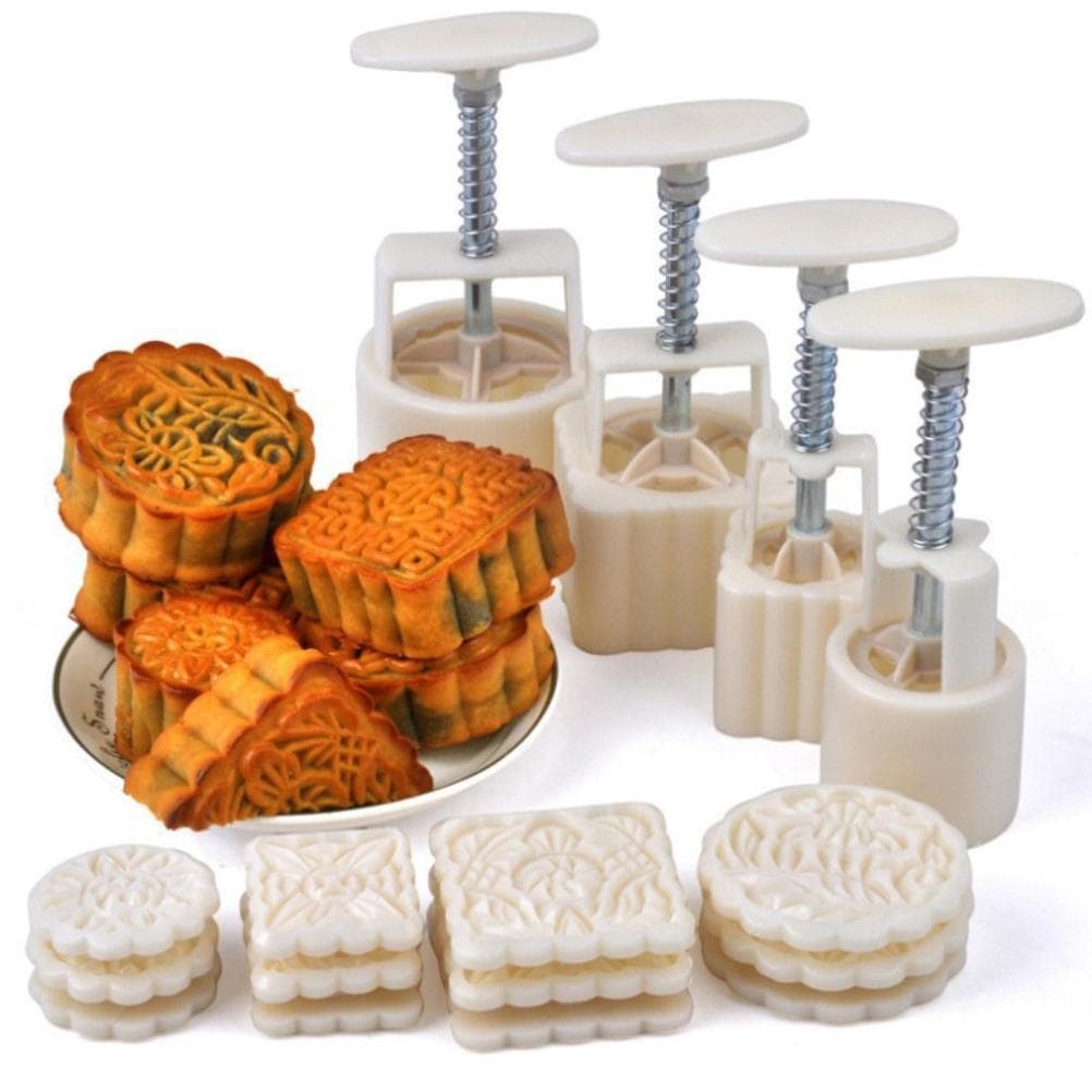 4PCS Mid Autumn Festival Hand Pressure Moon Cake Mould with 12 Mode Patterns Cake Mold for Home DIY L(for 6.5-9kg) white