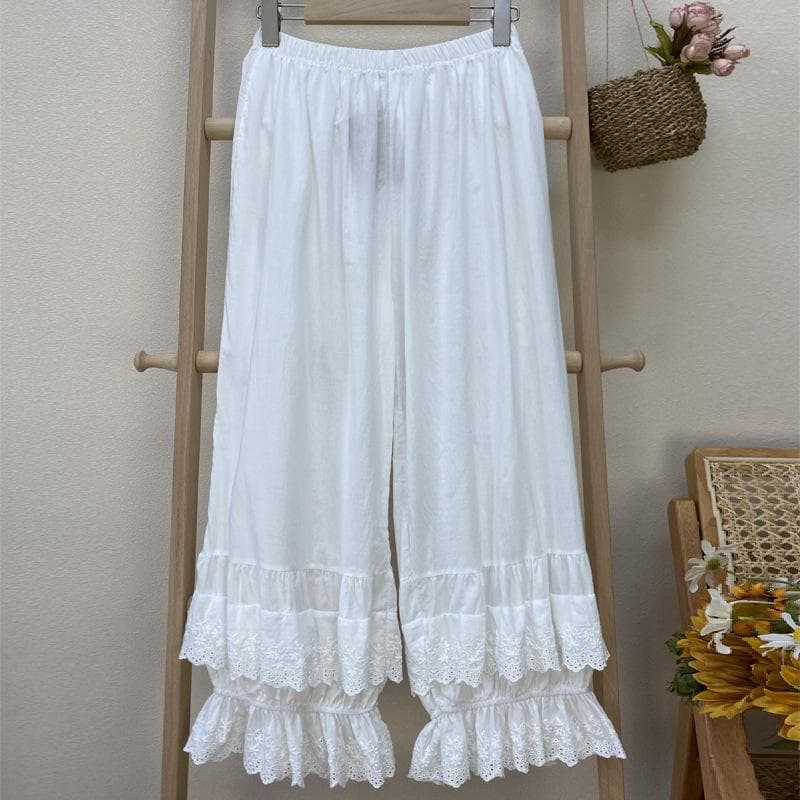 Johnature Mori Cotton Patchwork Lace Ruffles Women Pants Summer Vintage Solid Color Elastic Waist Ankle Length Pants One Size white