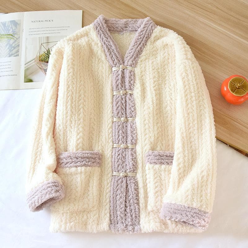 New Autumn Winter Women's 2PCS Pajamas Suit Flannel V-Neck Thickened Warm Long Sleeved Cardigan Sleepwear Loose Homewear XL