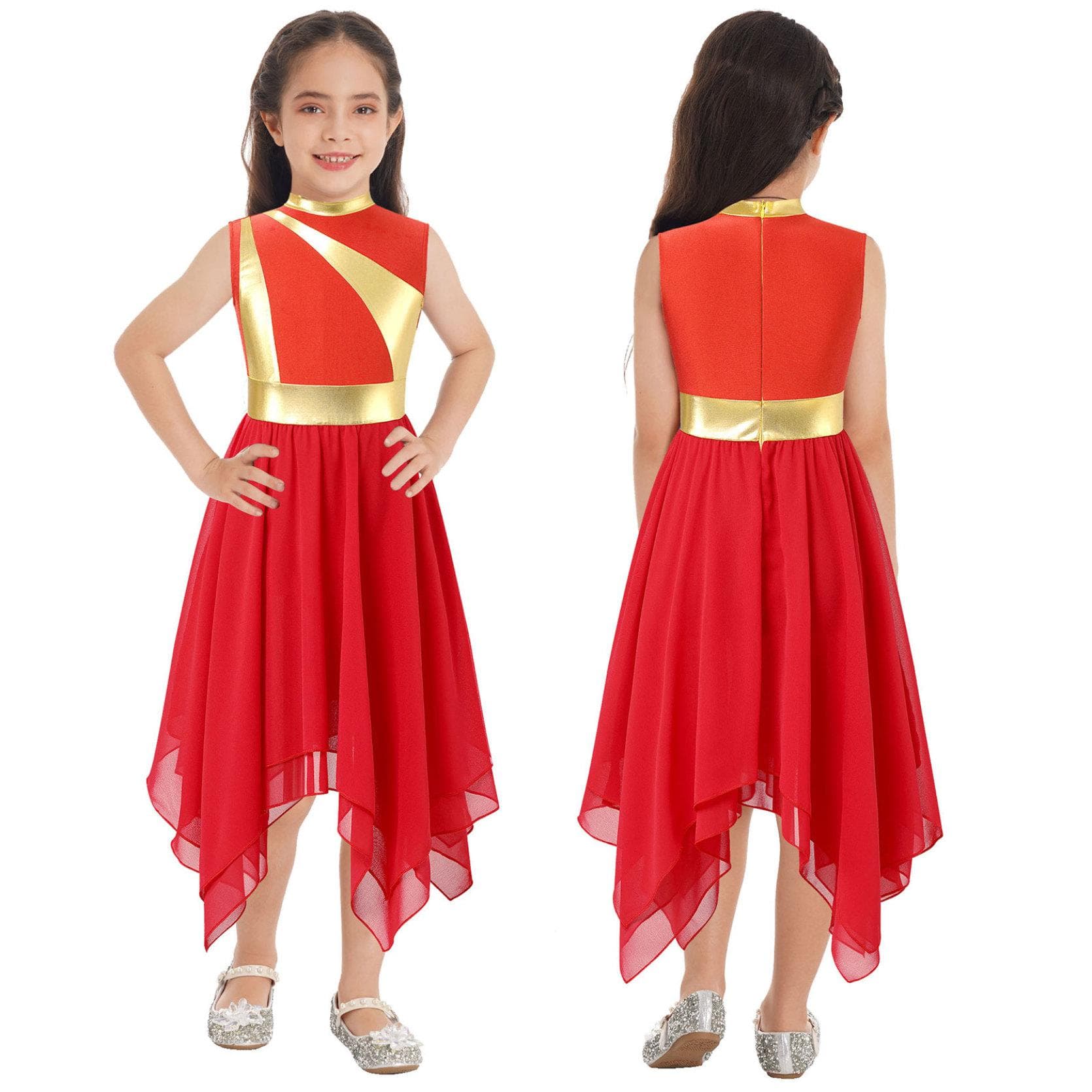 Kids Girls Praise Dancing Dress Metallic Patchwork Sleeveless Asymmetrical Hem Dress Modern Lyrical Dance Costume 5-6 Years red
