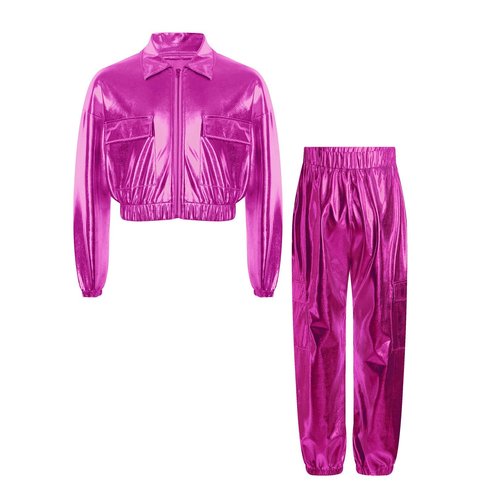 Girls Boys Shiny Dance Outfit Metallic Jacket Turn Down Collar Long Sleeve and Glittery Pants for Jazz Competitions 11-12 Years hot pink