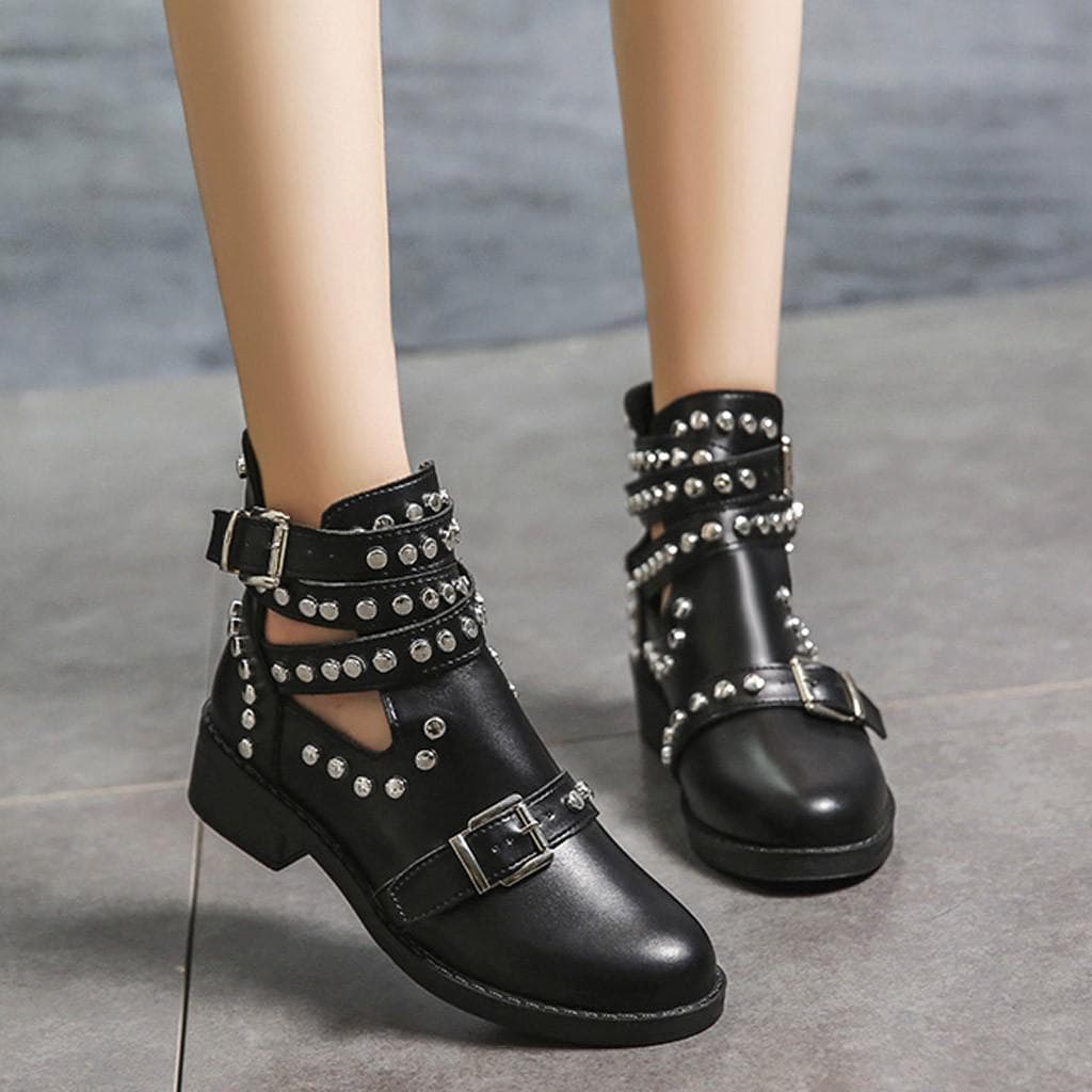 Women Fashion Rivet Belt Buckle Ankle Boot Student Casual Large Size Single Boot 39 black