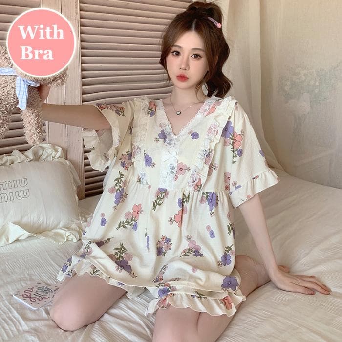 Plus Size Pajamas for Women, Floral Print Pajamas Set, Short-sleeved Top + Shorts, Ruffled Home Wear, Skin-friendly 6XL