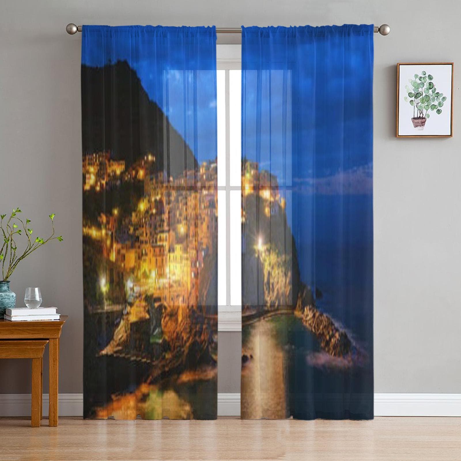 Cityscape Lights Tulle Sheer Curtains for Living Room Decoration Curtain for the Room Bedroom Kitchen Voile Organza Curtains 135W x 114H(cm)