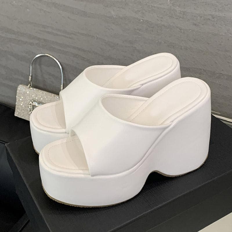 Liyke Summer 13CM Super High Heels Wedges Slippers Women Slides Soft Cozy Solid Leather Chunky Platform Shoes Female Sandals 35 white