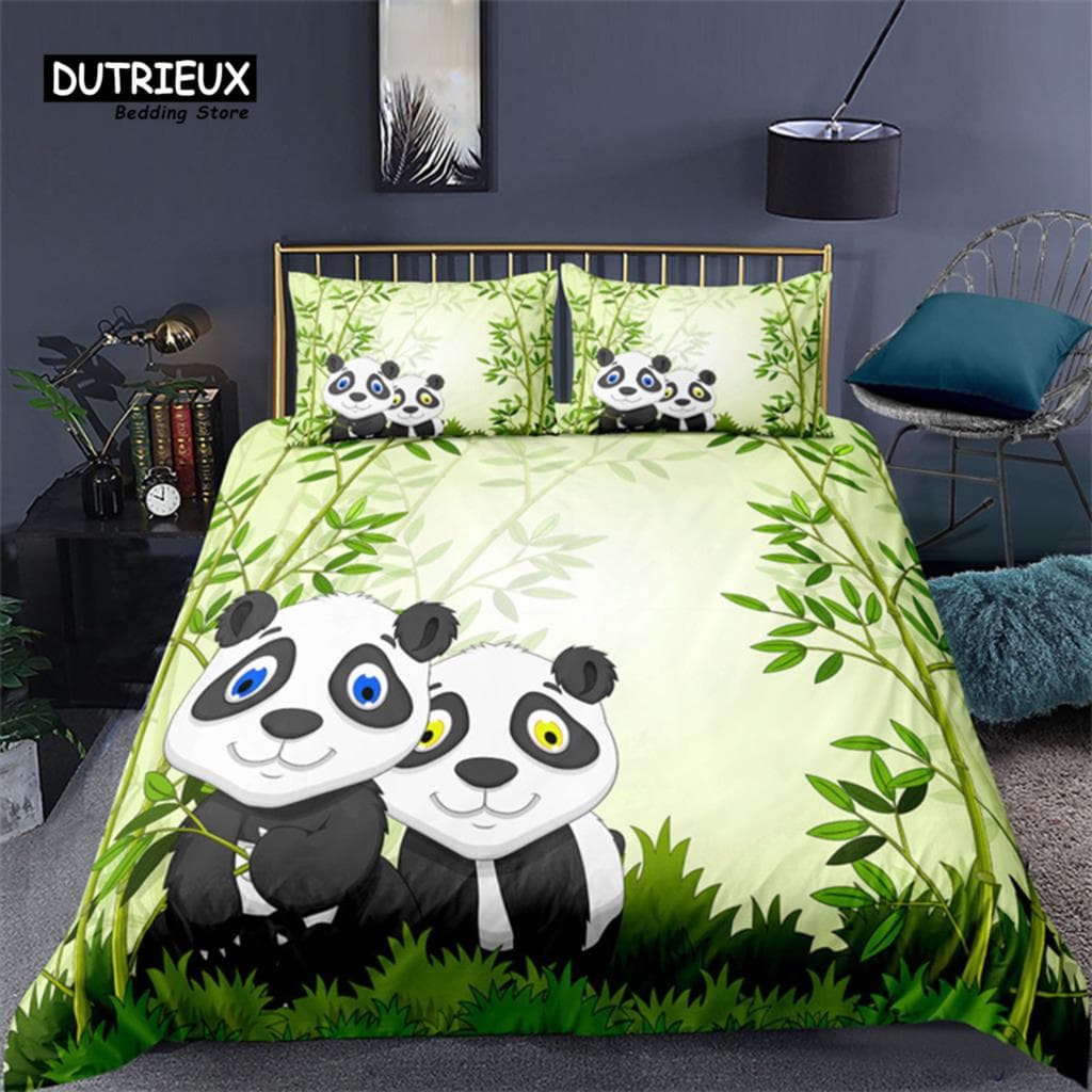 Cartoon Cute Panda Duvet Cover Twin For Boys Girls Kids Teens Soft Animal Theme Panda Bedding Set With Pillowcases Bedroom Decor US Full(200x230cm)