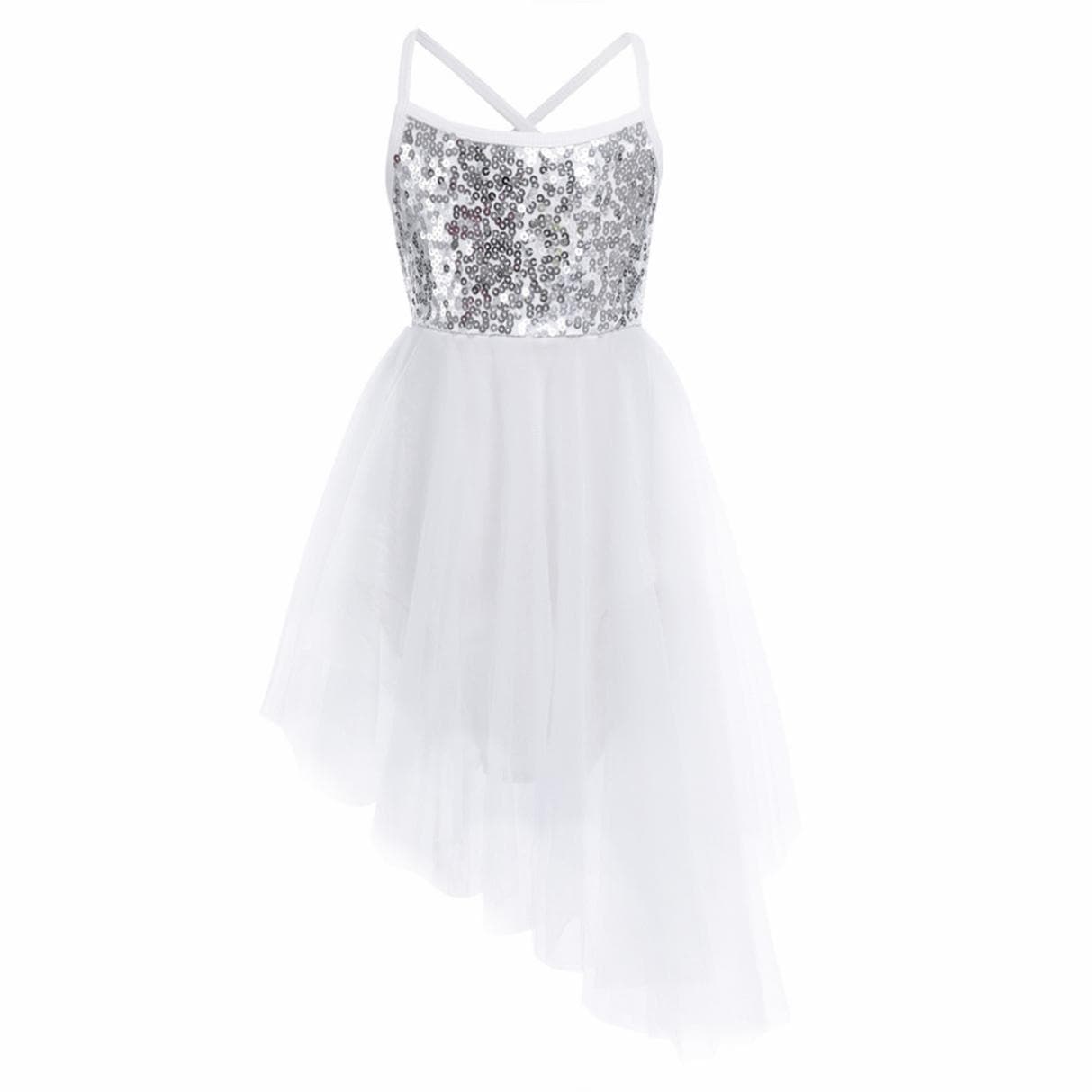Kids Girls Stage Dance Clothing Sleeveless Sequin Asymmetrical Tulle Ballet Dance Gymnastics Leotard Dress 3-4 Years ivory