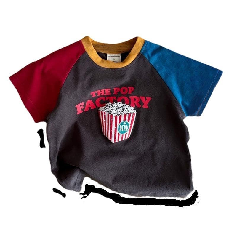 Pure Cotton Children's Short-sleeved T-shirt Summer Wear Contrasting Color Cartoon Print Boys and Girls Baby Patchwork Tops 150cm