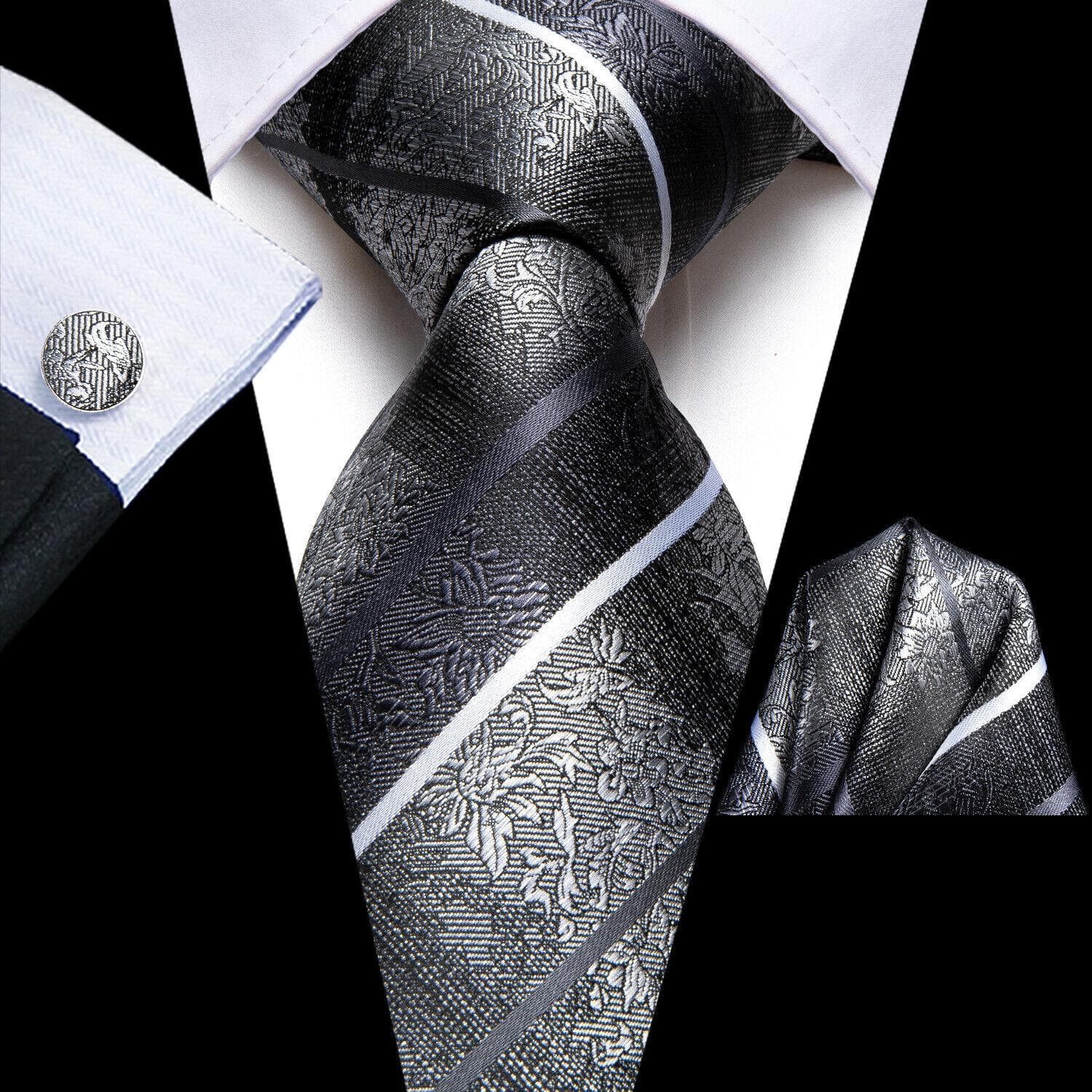 Hi-Tie Mens Accessories Silk Tie Handkerchief Cufflinks Set for Wedding Party Floral Solid Necktie N-3437