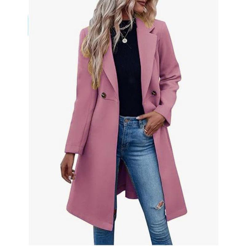 Autumn and Winter Long Woolen Women's Coat Waisted Belted Double-breasted Coat M pink