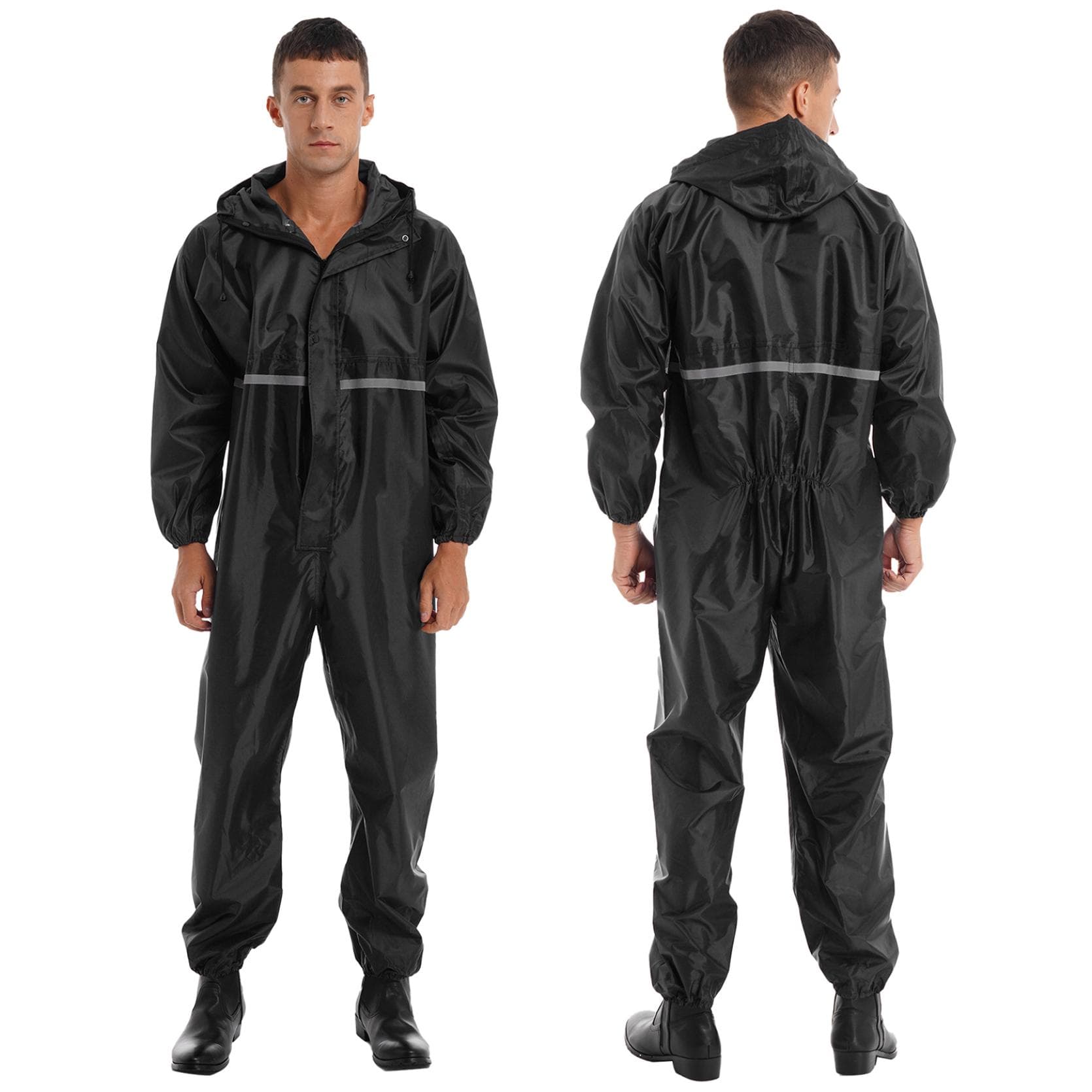 Mens Waterproof Jumpsuit Reflective Strip Rainsuit Long Sleeve Hooded Raincoat Zipper Coveralls XL black
