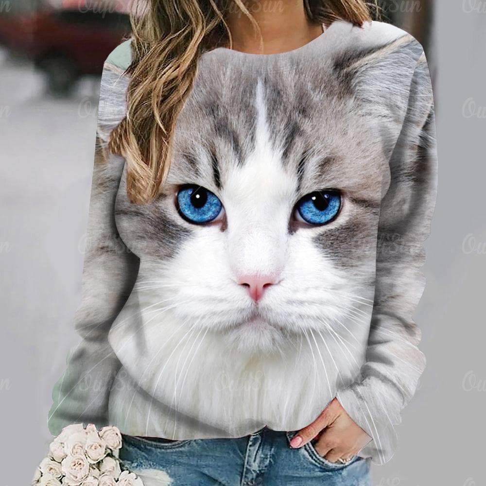 Women Long Sleeve T Shirt Kawaii Cat Graphic 3d Print Tees Harajuku Casual Tops Autumn O Neck Pullover Female Loose Clothing M