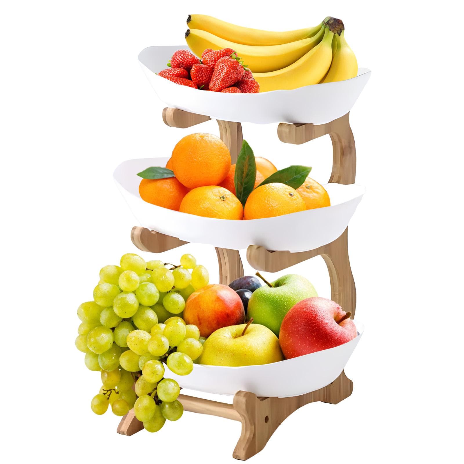 3 Tier Fruit Basket for Kitchen Plastic Fruit Bowl with Bamboo Wood Stand Easy Install 3 Tier Plastic Tray white
