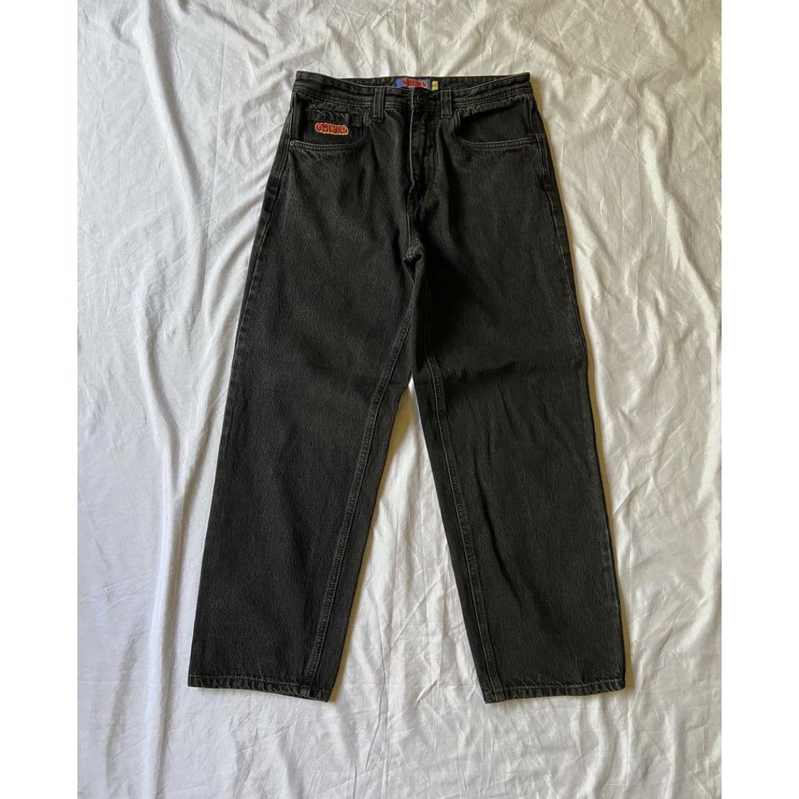 Denim Skateboard Pure Black Embroidered Wear-resistant Straight Loose Trousers S