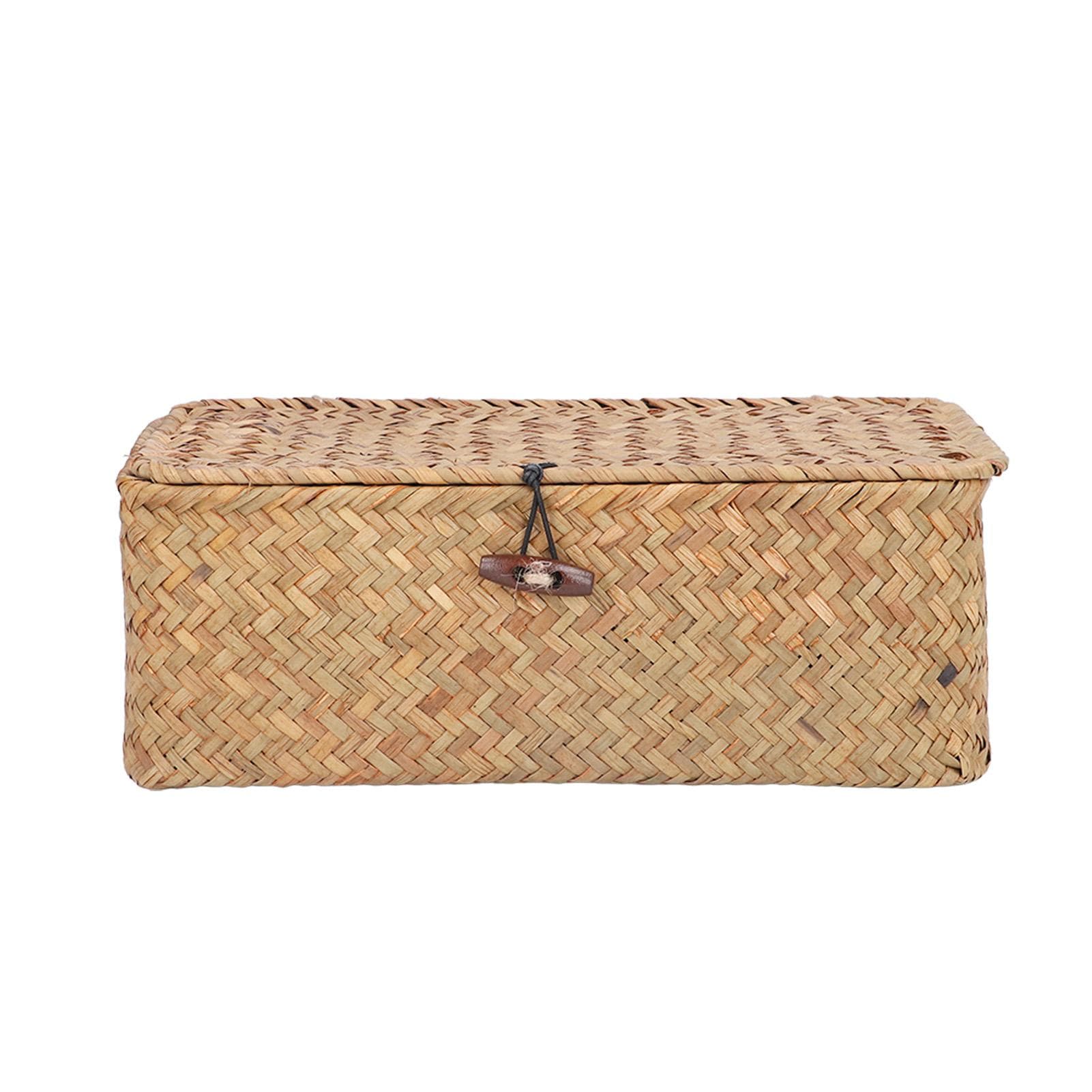 Natural Seagrass Storage Basket Woven Rectangular Shelf Basket Bins with Lids Desktop OrganizerS S(for 2-4kg)