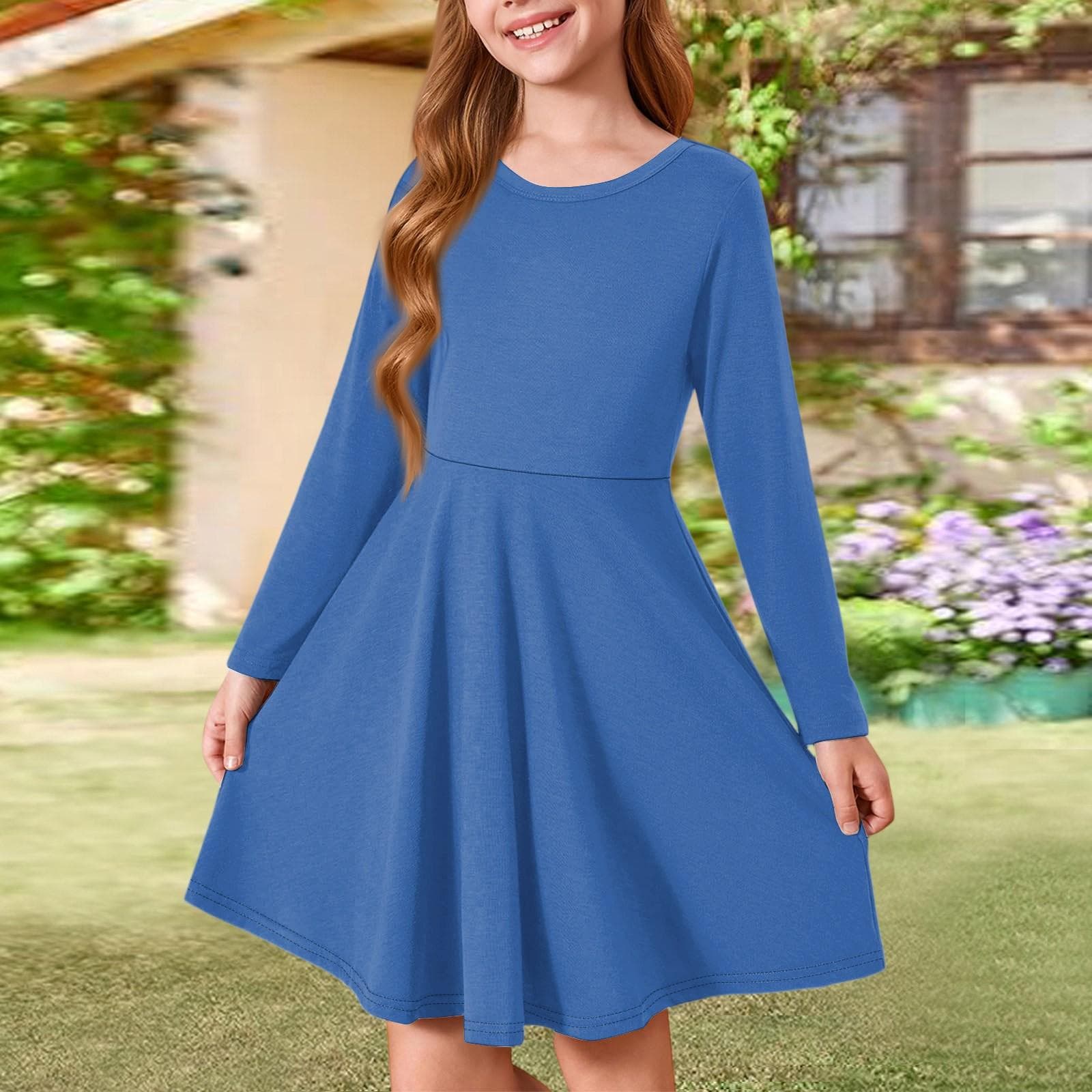Girls' Summer Princess Dress - Long Sleeve A-Line T-Shirt Dress 120 blue