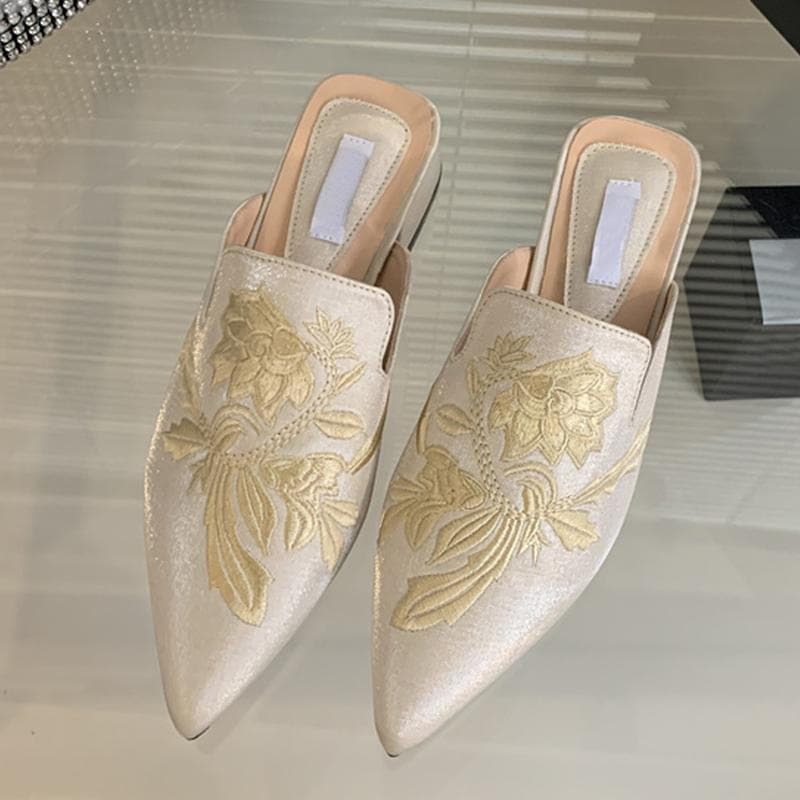 Liyke High Quality Handwork Embroidery Women Mules Low Square Heels Half Slippers Cozy Silk Pointed Toe Party Dress Shoes Pumps 40 apricot