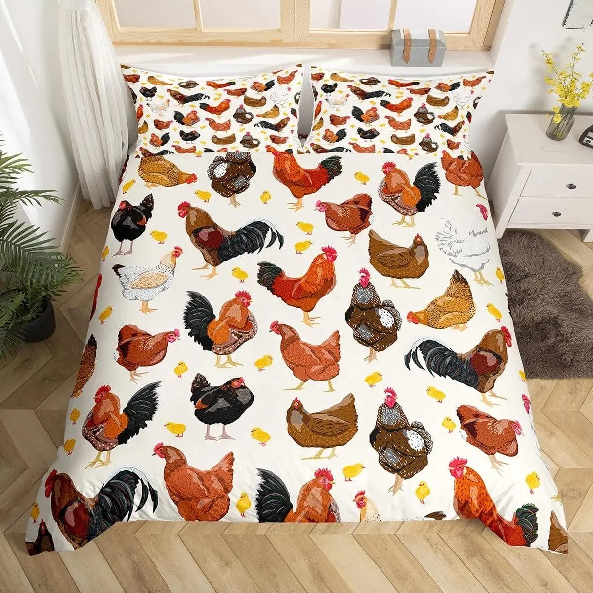 Cute Chicken Duvet Cover King Queen Colorful Rooster Bedding Set Farm Animal Comforter Cover Funny Rustic Farmhouse Quilt Cover AU Single 140x210cm